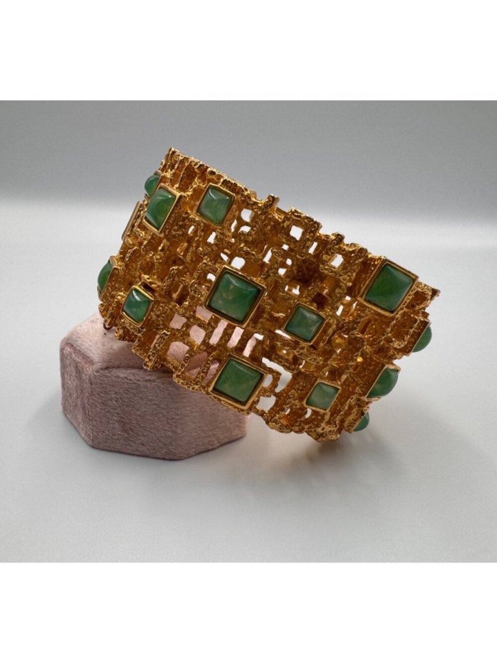 Vintage Signed Panetta Gold Plated Brutalist Faux Jade Wide Bracelet MCM Read